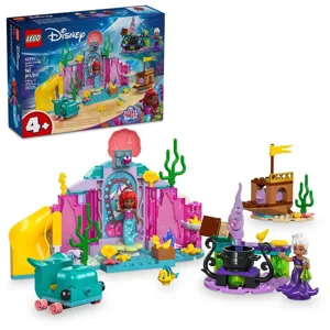 LEGO Disney set featuring Ariel's undersea castle, including mini-figures of Ariel and Ursula, colorful ocean-themed structures, and accessories, designed for ages 4 and up with 134 pieces.