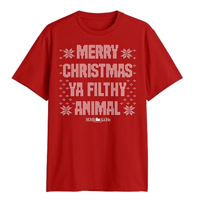 Red T-shirt with white text that reads \“Merry Christmas Ya Filthy Animal\“ and features a \“Home Alone\“ logo at the bottom.