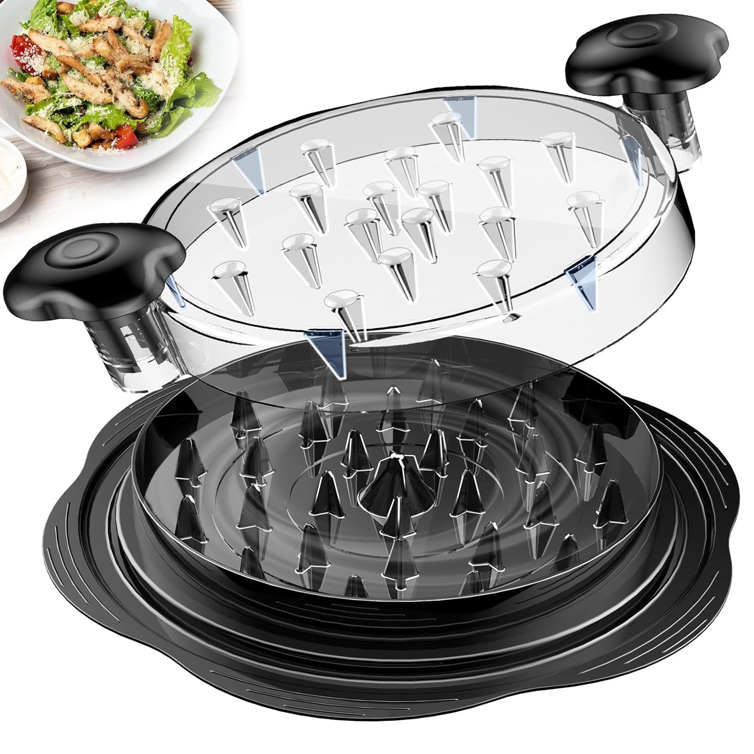 A clear plastic meat tenderizer with a black handle, accompanied by several round black bases.