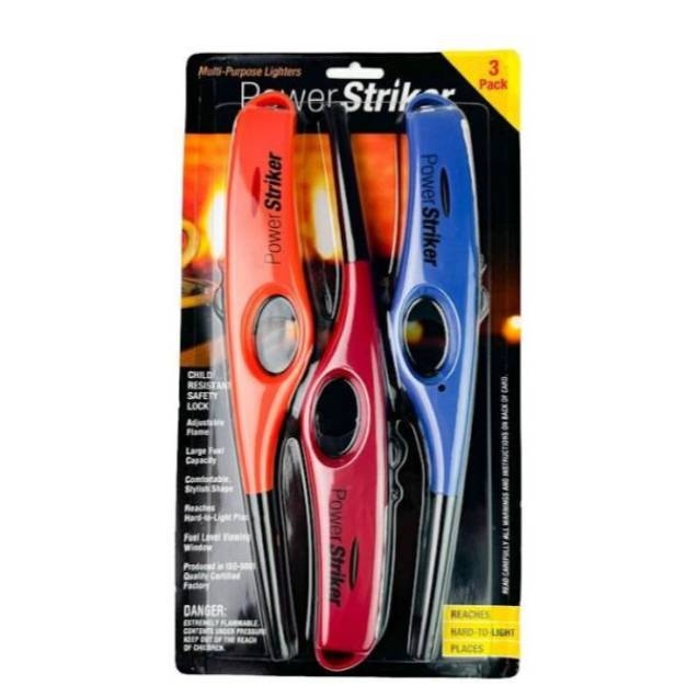 A pack of three multi-colored PowerStriker multi-purpose lighters.