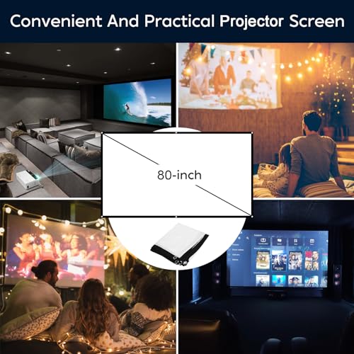 A collage of four lifestyle scenes showing people using an 80-inch projector screen in various settings such as a home theater and outdoor area.