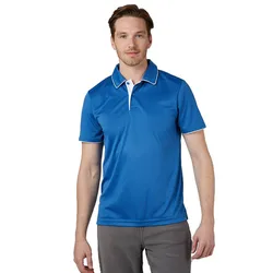 A man wearing a blue short-sleeved polo shirt with white trim and gray pants.