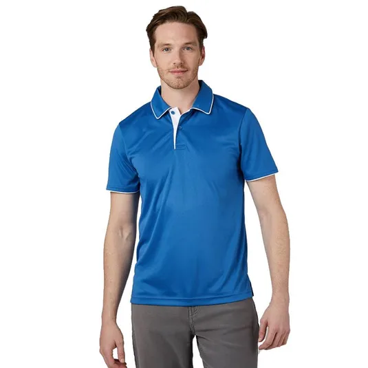 A man wearing a blue short-sleeved polo shirt with white trim and gray pants.