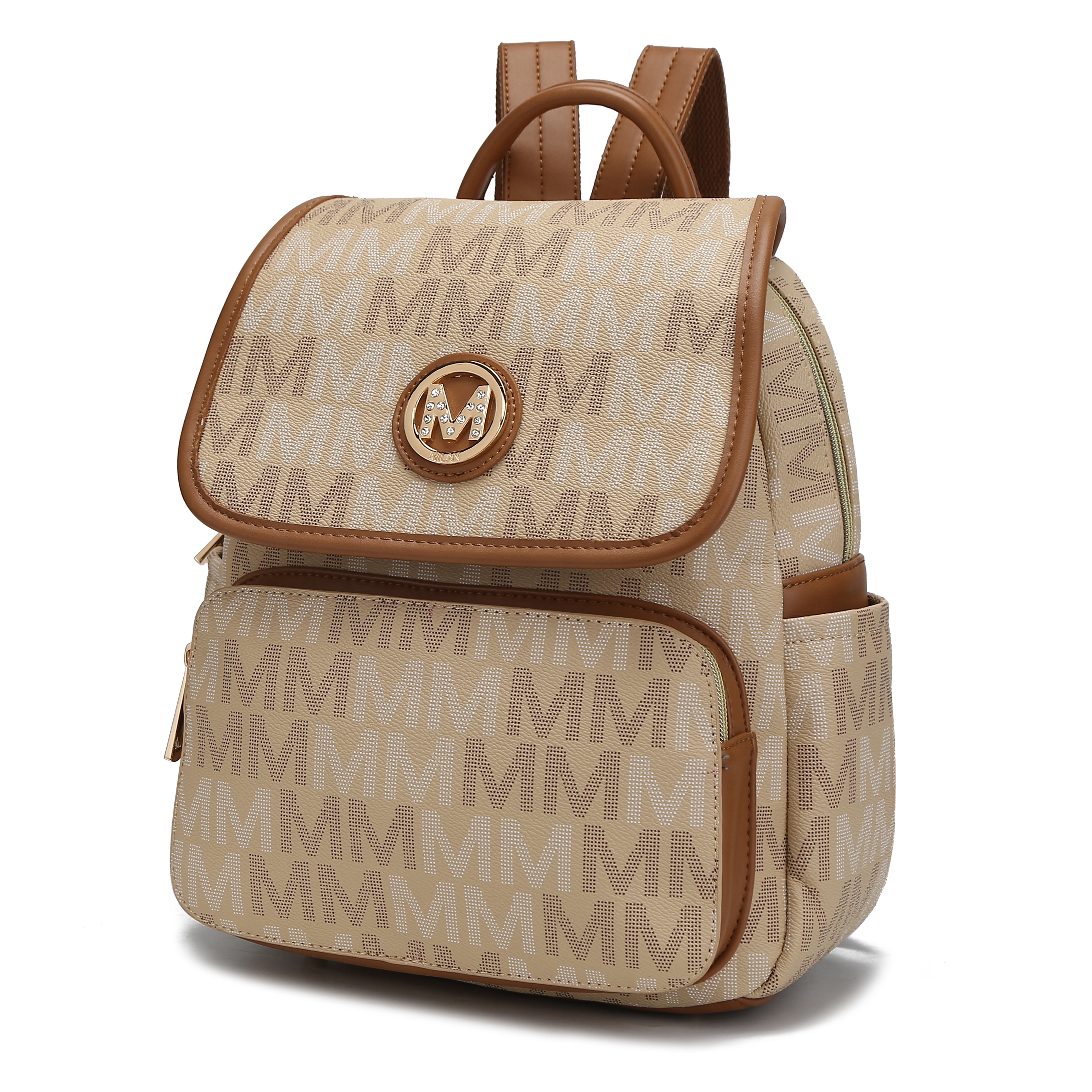Beige backpack with an \“M\“ pattern, brown leather accents, front flap, and zippered pocket, featuring a circular emblem.