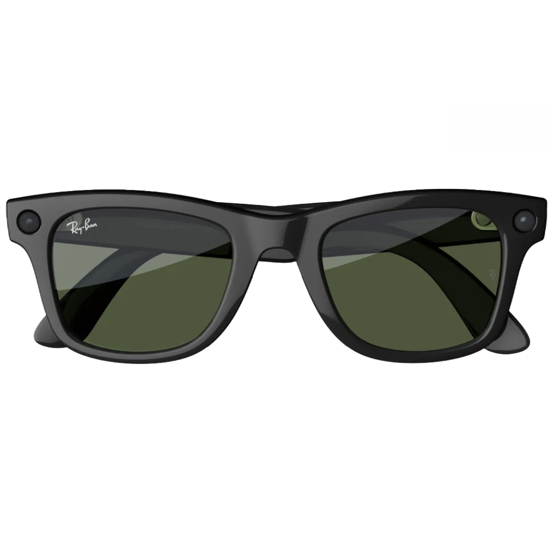 Ray-Ban Wayfarer-style smart sunglasses featuring black frames, dark lenses, and built-in cameras near the hinges.
