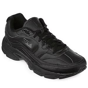 A black FILA athletic shoe featuring a leather and synthetic upper, lace closure, and a chunky sole design.