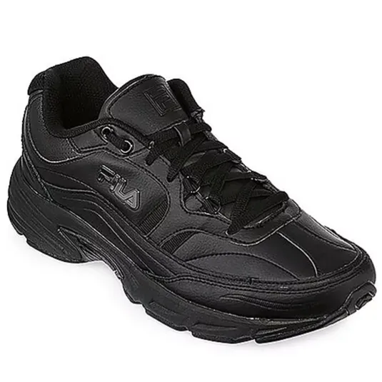 A black FILA athletic shoe featuring a leather and synthetic upper, lace closure, and a chunky sole design.