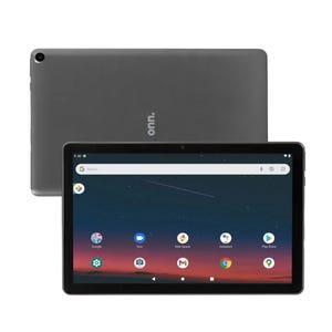 Refurbished Onn. Android tablet featuring a widescreen display, front and rear cameras, and various pre-installed apps like Google, Kids Space, and Play Store, with a dark gray back and branding.