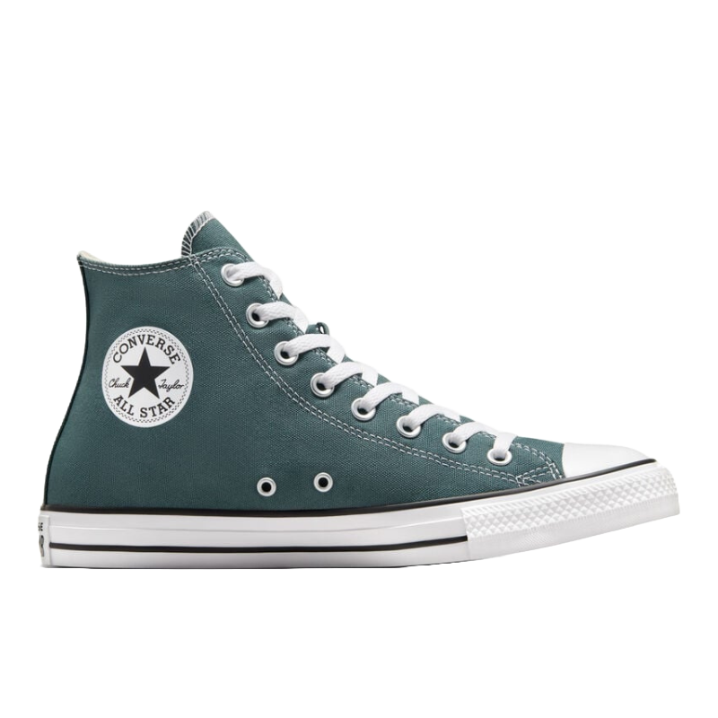A green Converse Chuck Taylor All Star high-top sneaker featuring white laces, a rubber toe cap, and the classic Converse logo on the ankle.