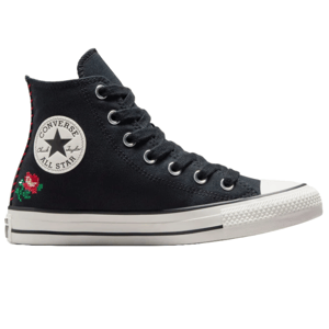 A black high-top Converse Chuck Taylor All Star shoe with embroidered red flowers and the classic logo on the side.