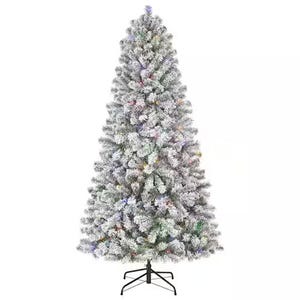 A 6.5-foot flocked artificial Christmas tree with multi-colored pre-lit lights on hinged branches, featuring a sturdy metal stand.