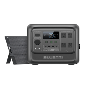 Portable power station with solar panel, featuring multiple AC and DC outputs, including USB-C and USB-A ports. Capable of 1800W output and 1024Wh capacity, suitable for charging devices and appliances.