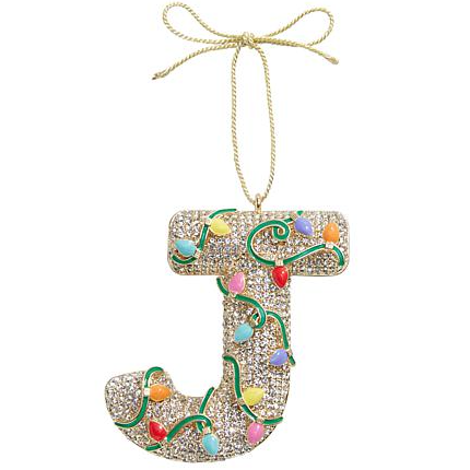 A festive \“J\“ ornament adorned with colorful lights and a gold bow for hanging.