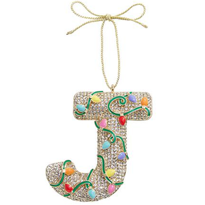 A festive \“J\“ ornament adorned with colorful lights and a gold bow for hanging.