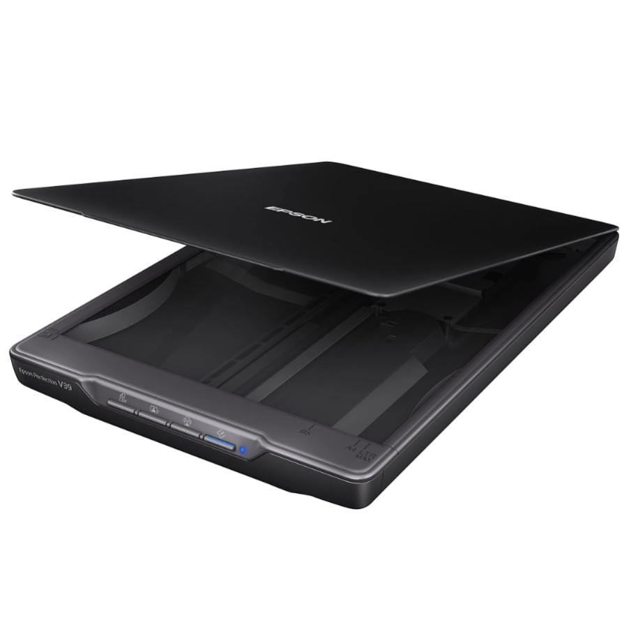 Epson Perfection V39 scanner, a flatbed scanner with a black lid, featuring four control buttons on the front panel.