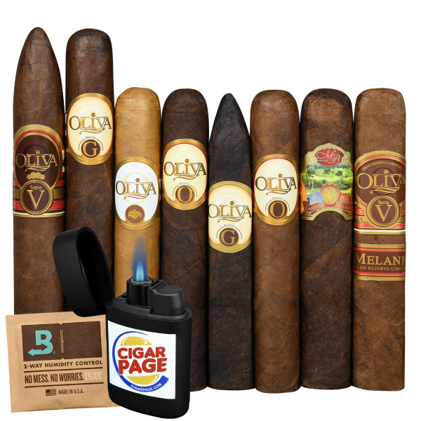 A selection of nine cigars from the Oliva brand with a Boveda humidity pack and a Cigar Page lighter.