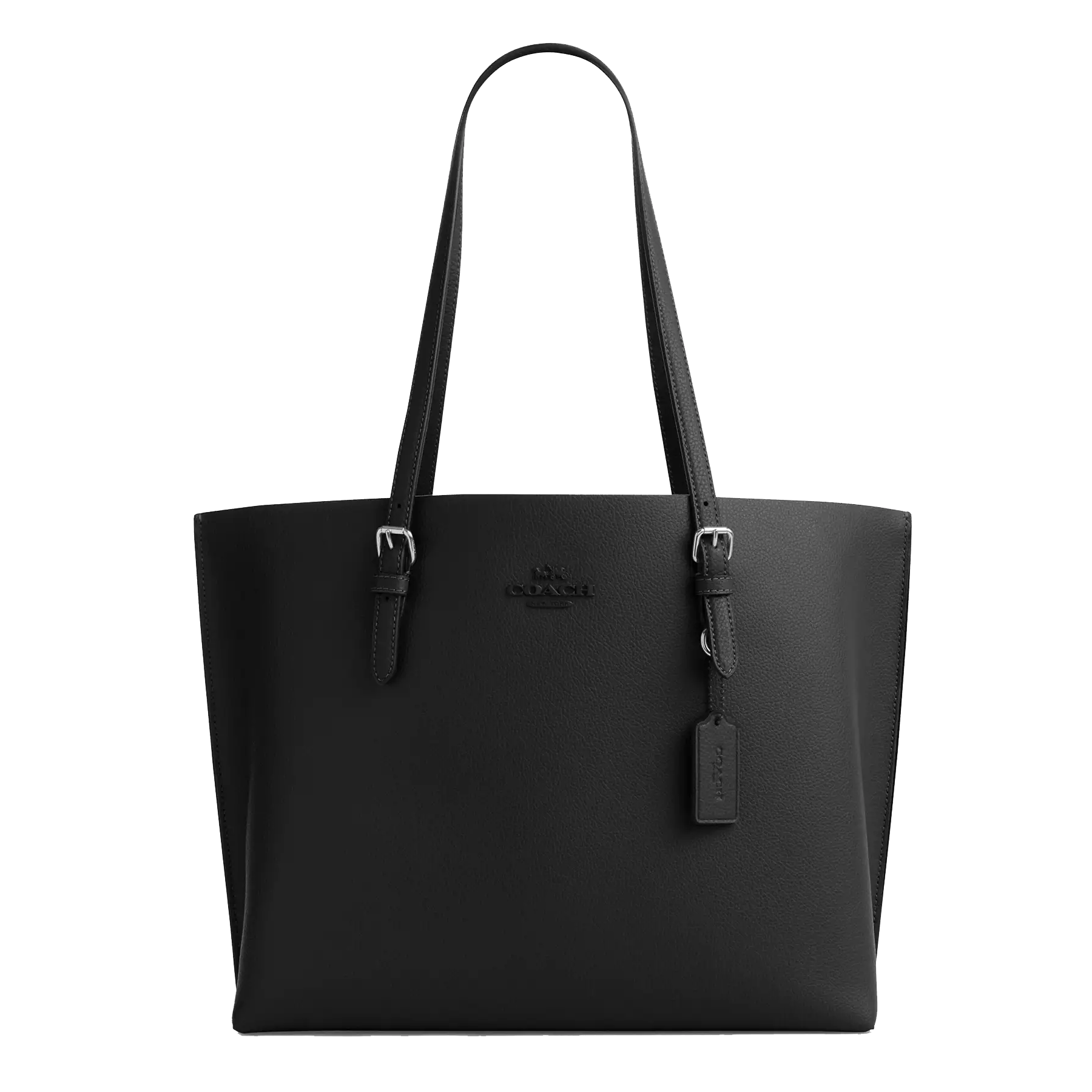 Black Coach tote bag with adjustable shoulder straps, embossed logo, and attached tag.