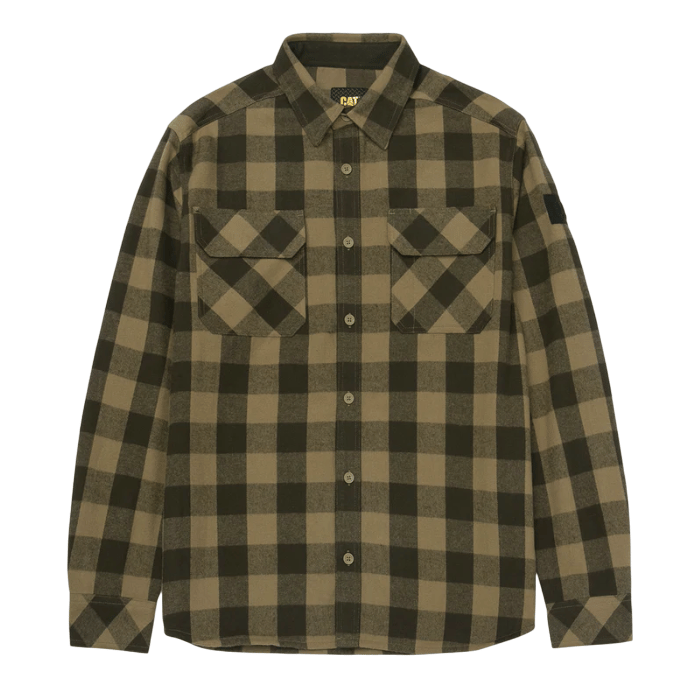 A brown and black plaid long-sleeve button-up flannel shirt with dual chest pockets and a collar, featuring the CAT logo on the label inside.