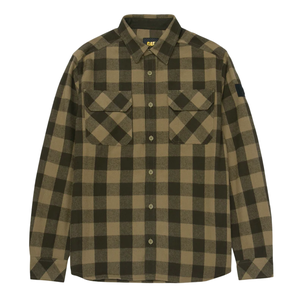 A brown and black plaid long-sleeve button-up flannel shirt with dual chest pockets and a collar, featuring the CAT logo on the label inside.