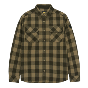 A brown and black plaid long-sleeve button-up flannel shirt with dual chest pockets and a collar, featuring the CAT logo on the label inside.