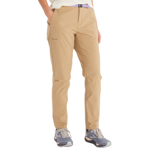 Marmot Women's Kodachrome Pants are khaki-colored, lightweight, and designed for outdoor use, featuring a stretchable fabric for comfort and movement, with pockets and a secure waist belt.