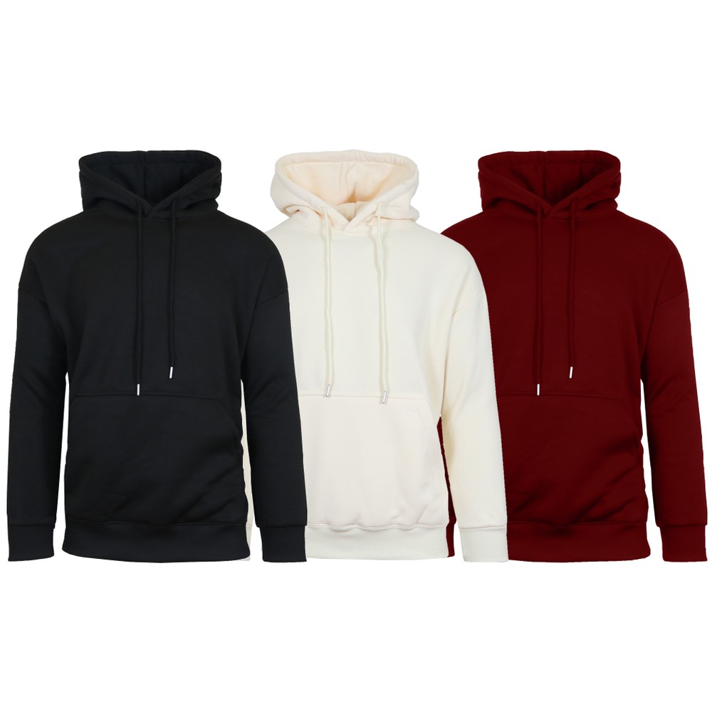 Three plain hoodies in black, cream, and red colors, each featuring a front pocket and drawstrings.