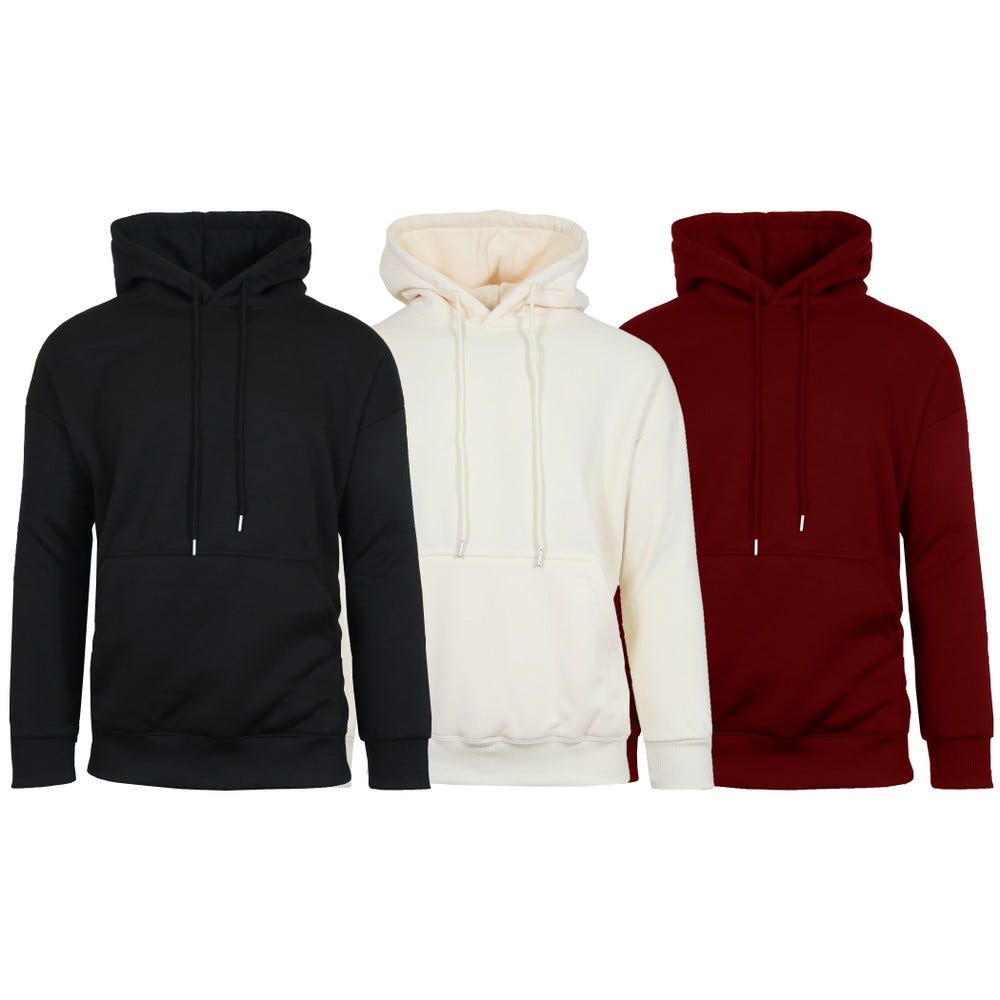 Three plain hoodies in black, cream, and red colors, each featuring a front pocket and drawstrings.