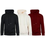 Three plain hoodies in black, cream, and red colors, each featuring a front pocket and drawstrings.