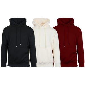 Three plain hoodies in black, cream, and red colors, each featuring a front pocket and drawstrings.