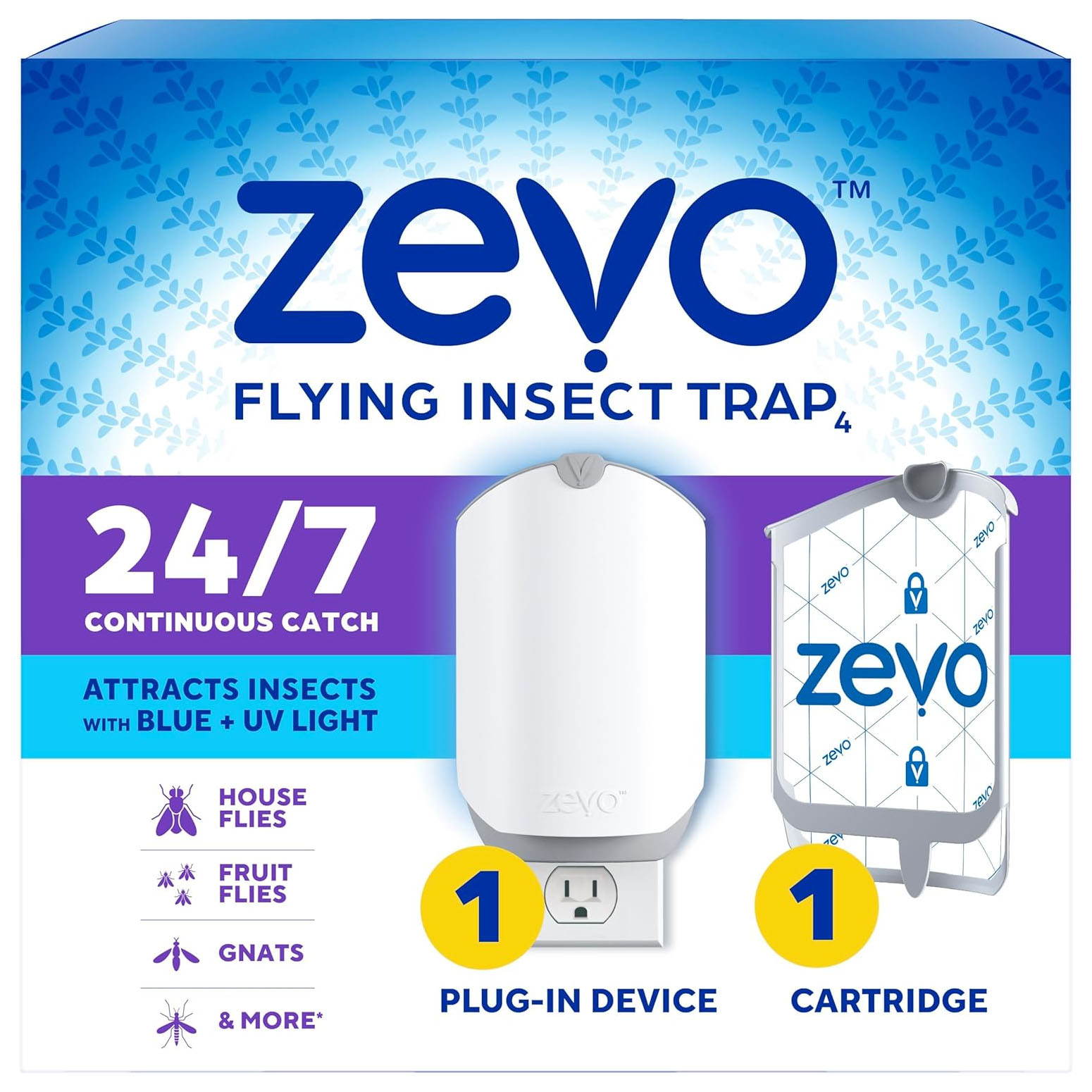 Zevo Flying Insect Trap uses blue and UV light to attract and catch house flies, fruit flies, and gnats. Includes one plug-in device and one cartridge for 24/7 continuous catch.