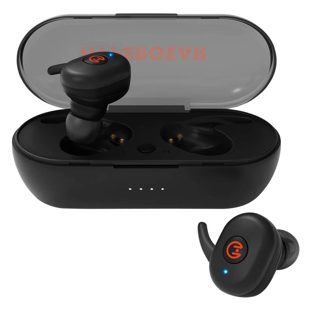 HyperGear Wireless Earbuds with a compact black charging case feature ergonomic design and LED indicators. The earbuds have a logo and small wing tips for a secure fit.