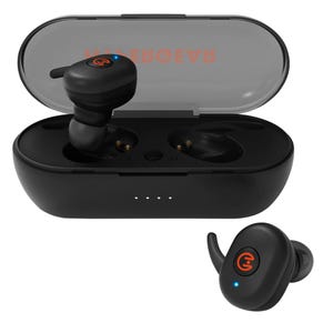 HyperGear Wireless Earbuds with a compact black charging case feature ergonomic design and LED indicators. The earbuds have a logo and small wing tips for a secure fit.