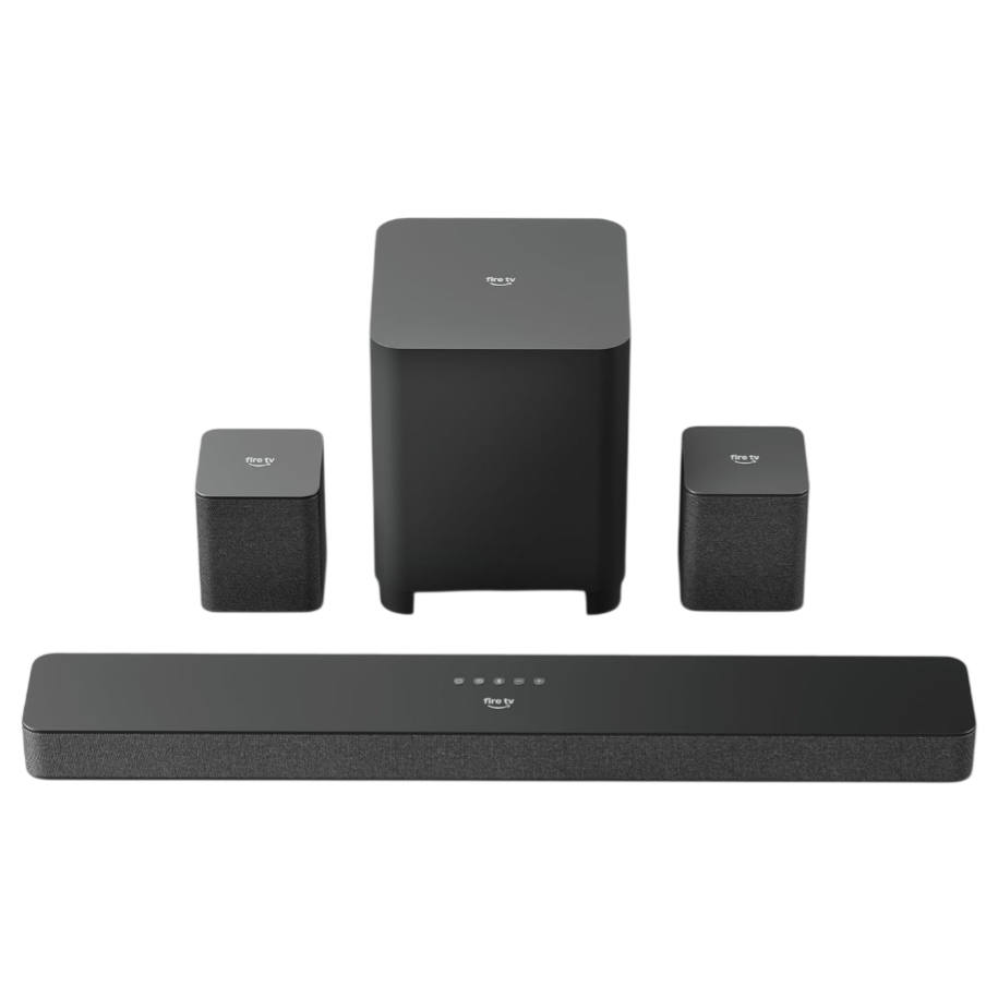 A 4-piece Fire TV sound system, including a soundbar, subwoofer, and two satellite speakers. The set is designed for enhanced audio experience with Fire TV integration.