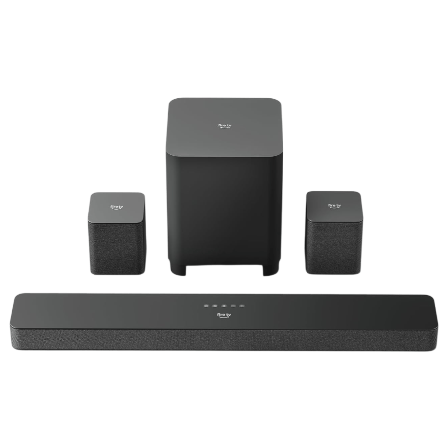 A 4-piece Fire TV sound system, including a soundbar, subwoofer, and two satellite speakers. The set is designed for enhanced audio experience with Fire TV integration.