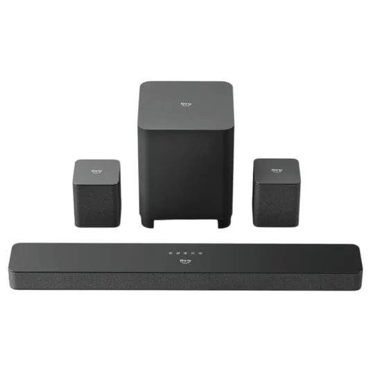 A 4-piece Fire TV sound system, including a soundbar, subwoofer, and two satellite speakers. The set is designed for enhanced audio experience with Fire TV integration.