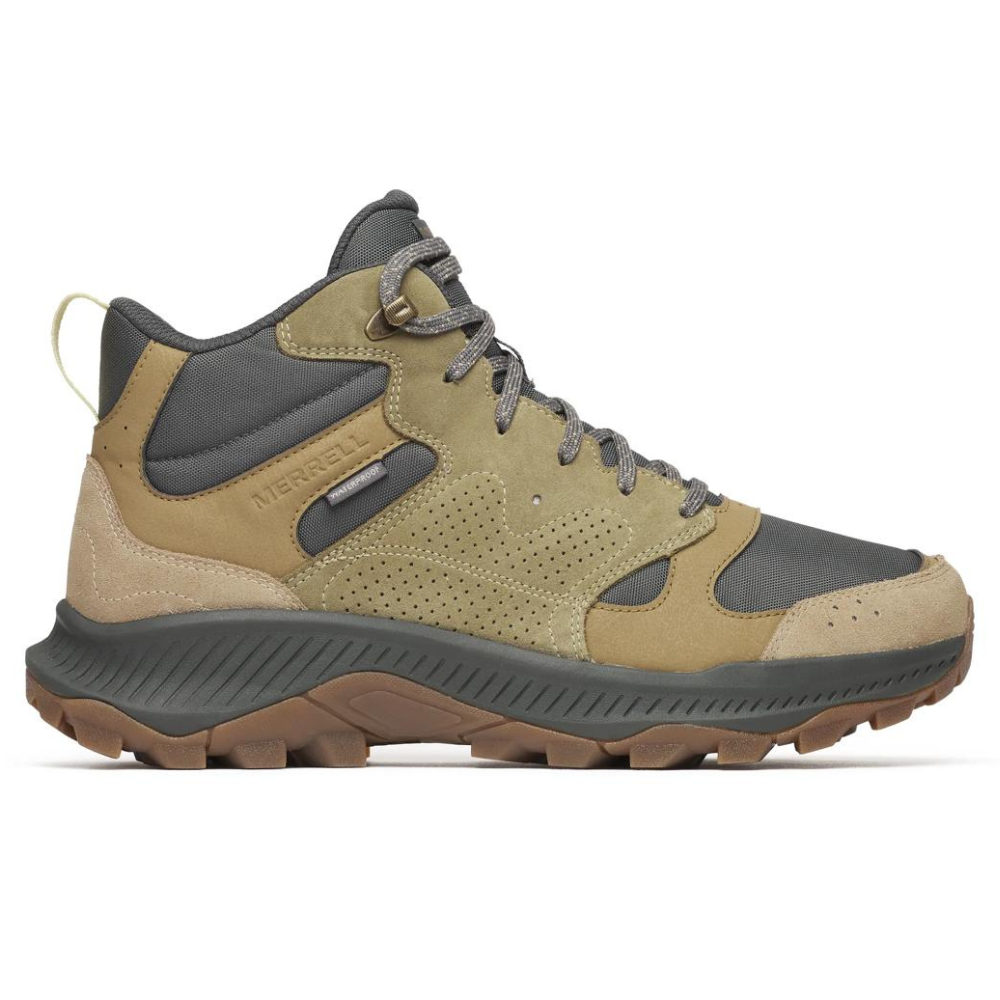 A hiking boot with a rugged sole, featuring a mix of brown and gray materials, and marked with the brand \“Merrell\“.