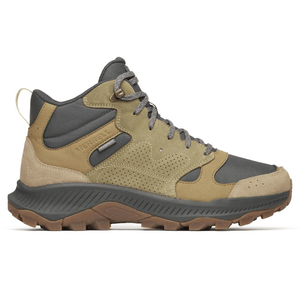 A hiking boot with a rugged sole, featuring a mix of brown and gray materials, and marked with the brand \“Merrell\“.
