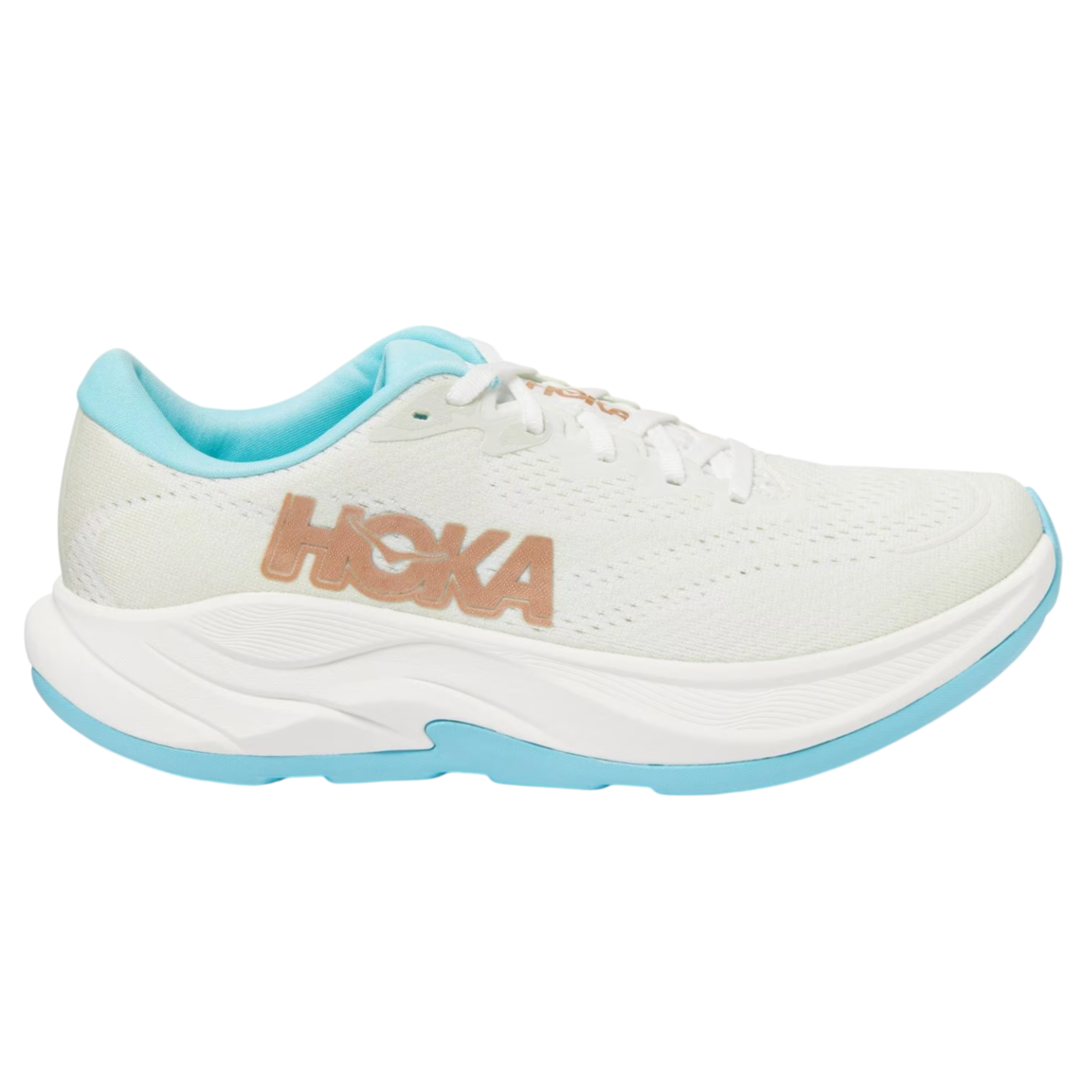White athletic shoe with blue accents, featuring the brand \“HOKA\“ on the side.