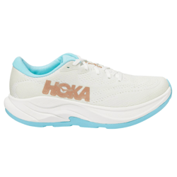 White athletic shoe with blue accents, featuring the brand \“HOKA\“ on the side.