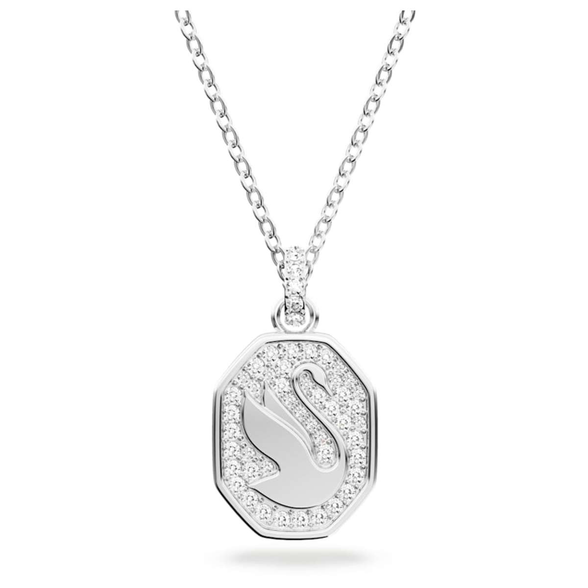 A silver necklace with a pendant featuring a letter 'S' encrusted with clear crystals set within a rectangle with rounded edges, on a fine chain.
