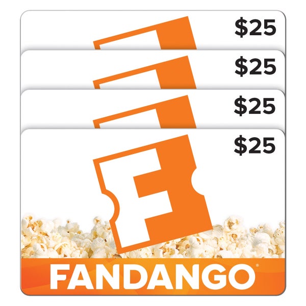 Four $25 Fandango gift cards with an orange logo and popcorn design.