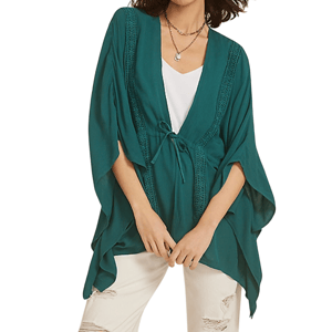 A teal kimono-style cardigan with lace trim and a tie at the waist, worn over a white top and paired with white distressed jeans.
