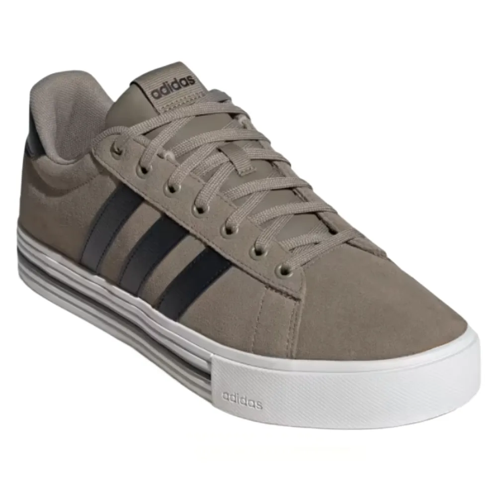 A taupe Adidas sneaker with a white sole, featuring black stripes and the Adidas logo on the tongue and side.