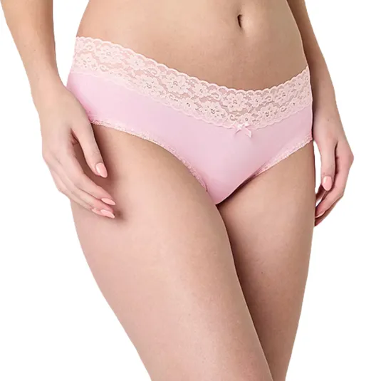 Pink women's panties with a lace waistband and a small bow detail.