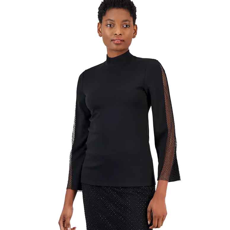 Anne Klein Sernity Embellished-Sleeve Top features a sleek black design with a high neckline and mesh detailing on the long sleeves, offering a stylish and sophisticated look.
