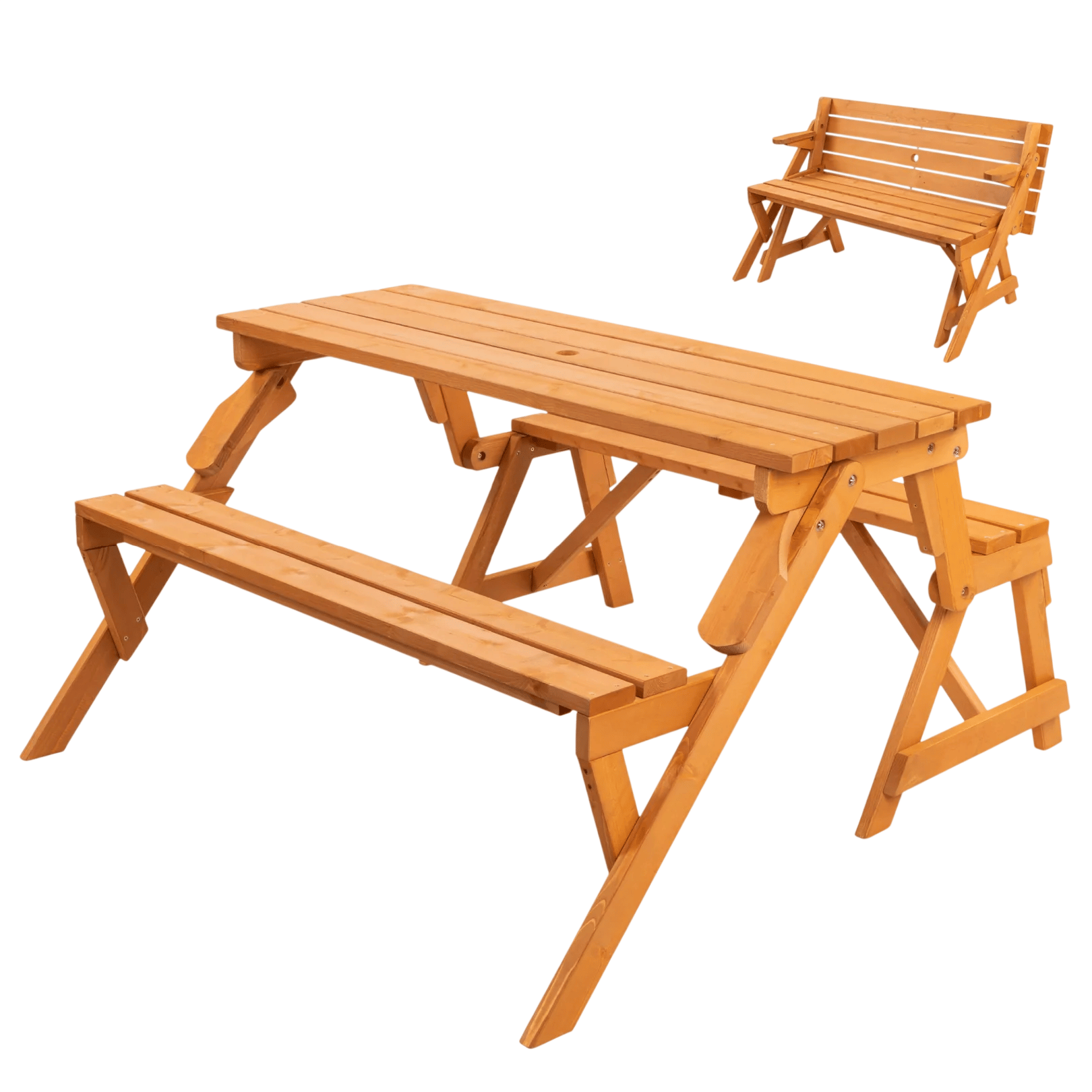 A convertible outdoor wooden set that functions as a picnic table and benches or as a bench with a backrest, offering versatile seating options for garden use.