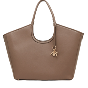 A taupe tote bag with a rounded top handle and gold \“AK\“ charm detail.