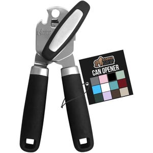 Gorilla Grip can opener with black handles and a stainless steel cutting mechanism, featuring a color options tag displaying various shades.