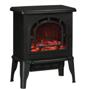 A black electric fireplace stove with a classic design featuring a flame effect and visible logs, standing on four legs.
