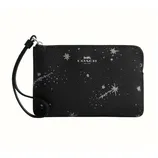 A black Coach wristlet with a celestial pattern of stars and comets, featuring a zip closure and a small strap for carrying.